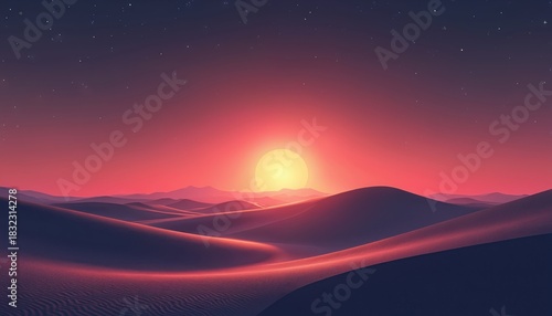 Illustration of desert landscape with rolling sand dunes. Pink gradient sunset illuminates the scene. Modern graphic for background uses. Tranquil desert night sky.