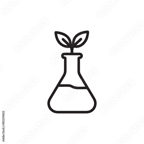 Eco science flask with plant sprout black and white vector icon for biotechnology and environmental research