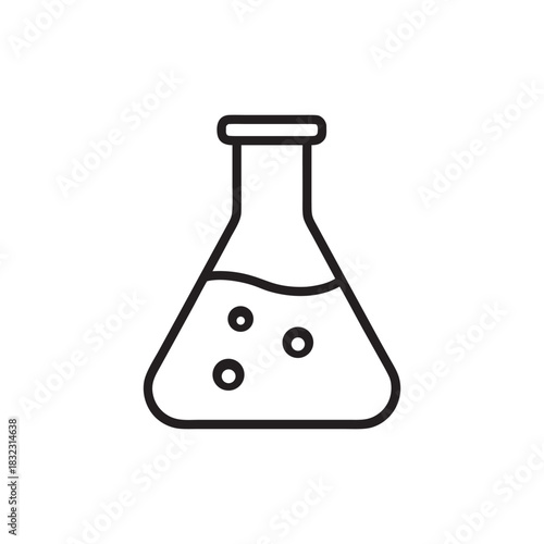 Black and white vector chemistry flask icon with liquid and bubbles for science and laboratory design