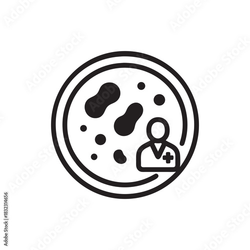 Medical microbiology science icon black and white vector doctor with bacteria cells in petri dish for laboratory research and healthcare