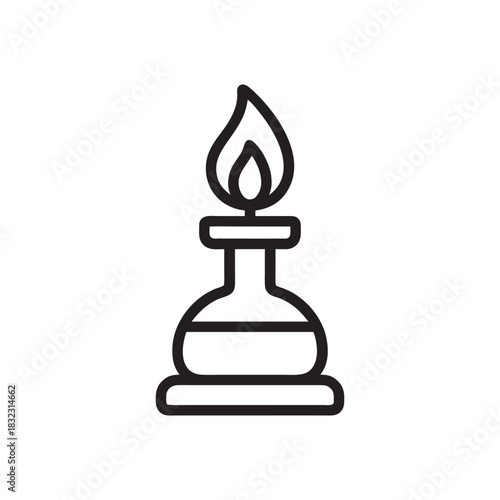 Black and white science vector illustration of a laboratory alcohol burner with flame icon for chemistry and education design