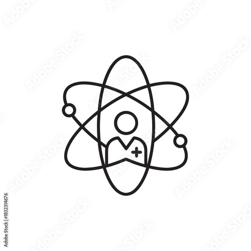 Scientist icon with atom orbit and person silhouette black and white science line vector illustration