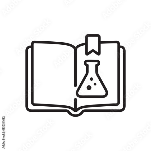 Science education icon open book with chemistry flask black and white vector illustration