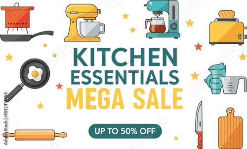 Kitchen essentials mega sale advertisement with various cooking utensils