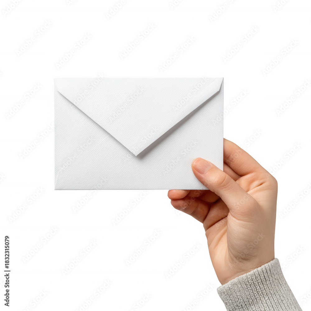Fototapeta premium A hand holds a white textured envelope against a black background