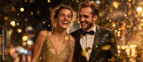 Elegant couple celebrating the Christmas holidays on a gold background