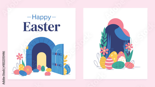Happy easter greeting card with colorful decorated eggs and floral elements in a flat design style