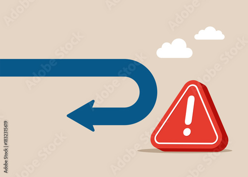 Exclamation attention sign blocked the road. Break event, reverse back, interest rate or financial trend change. Flat vector illustration