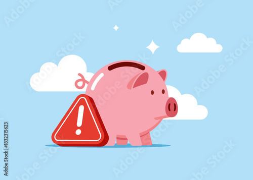 Piggy bank money savings with exclamation attention sign. Risky savings investment. Be careful. Modern vector illustration in flat style