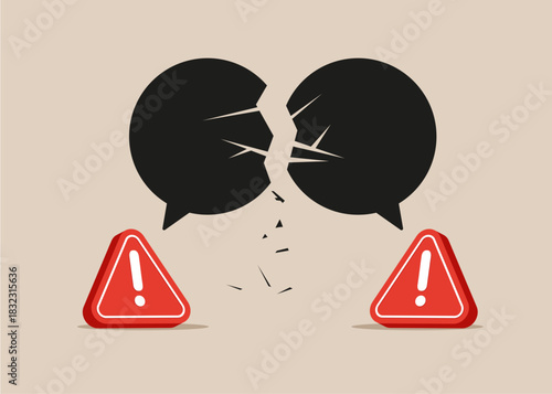 Business communication breakdown. Exclamation attention signs symbol of misunderstanding, negotiation problems, miscommunication, argument. 