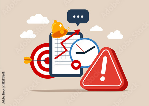 Exclamation attention signs symbol of misunderstanding, negotiation problems, miscommunication, argument. Under precautionary measures business team and project development . Project manager tool.