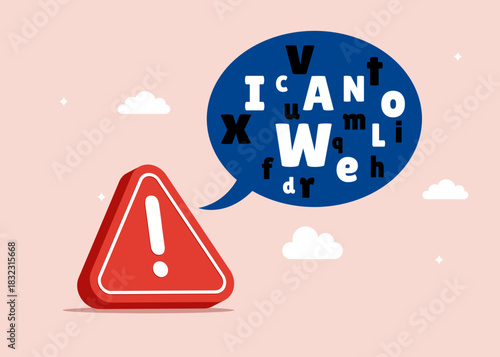 Exclamation attention sign. Talk with jargon word in speech bubble dialog make confused. Complicated conversation, difficult to explain. Flat vector illustration.