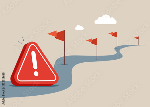 Exclamation attention sign on road. Obstacles in business turns towards the point of success. Flat vector illustration