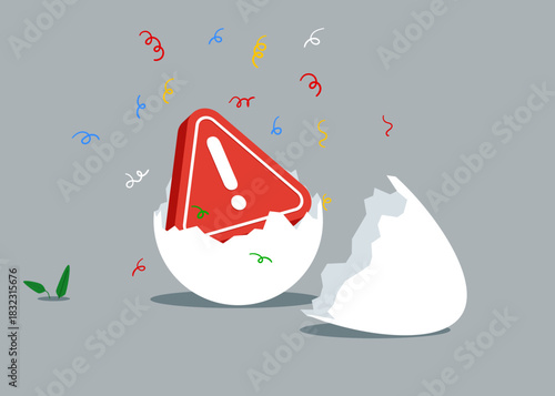Exclamation attention sign just hatched from cracked egg. New problem in business or start up. Finish it job uncomfortable in of comfort or no safe zone.