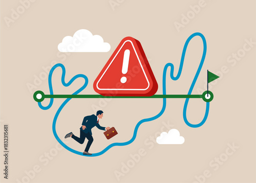 Exclamation attention sign on straight easy way and available on hard messy path. Easy or shortcut way to win business success or hard path and obstacle. Flat vector illustration