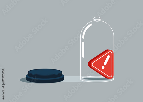 Exclamation attention sign inside the glass try to push so hard to break boundary. Business constraints or stagnant, prohibition or difficulty prevent from improvement or success.