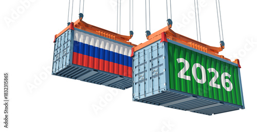 Trading 2026. Freight container with Russia national flag. 3D Rendering 