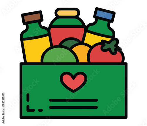 A green crate filled with various food items and a red heart symbol.