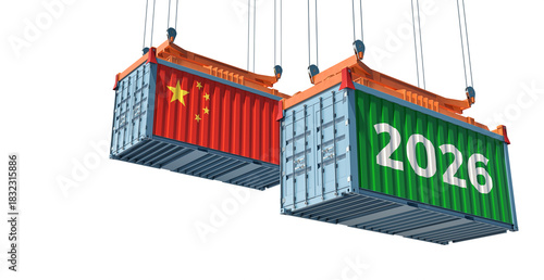 Trading 2026. Freight container with China national flag. 3D Rendering 
