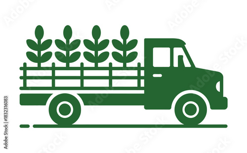A green truck carries plants, symbolizing transportation and agriculture.