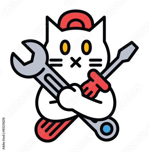 A cartoon cat character holds tools for repair and maintenance.