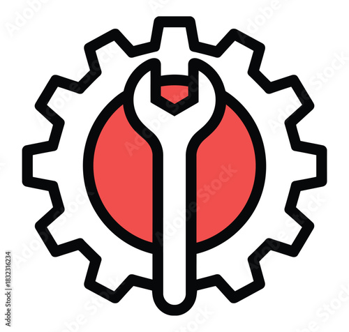 A wrench is placed over a red circle inside a gear, representing industry and mechanics.