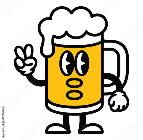 A cartoon mug of beer with a face and arms giving a peace sign gesture