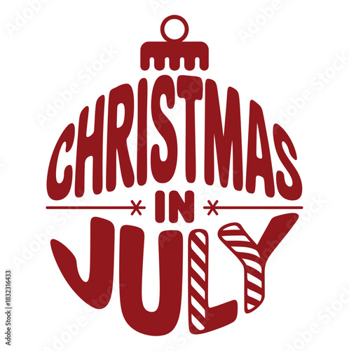 A festive Christmas in July design featuring a bauble filled with holiday text and candy cane stripes.