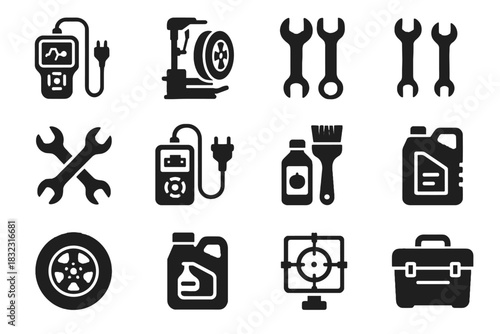 Can tool stand icon set jack oil brush container vector maintenance ai