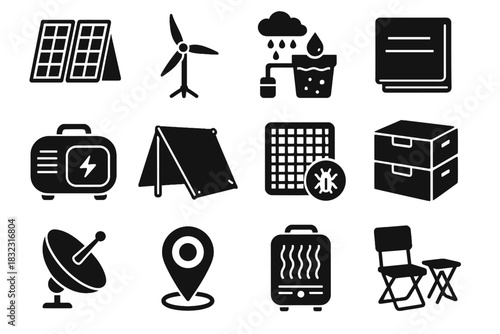 Capsule blanket rainwater panel solar foldable icon heater satellite eco box vector