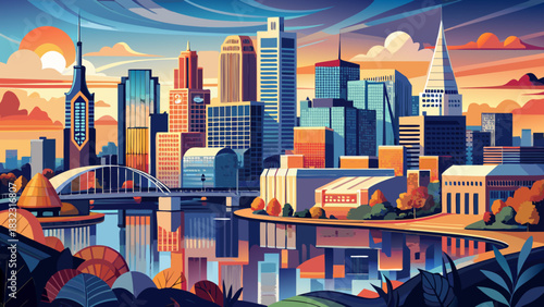 Very beautiful aerial skyline of Nashville along the Cumberland River, capturing modern towers, waterfront reflections, warm evening light, and a vibrant urban atmosphere.