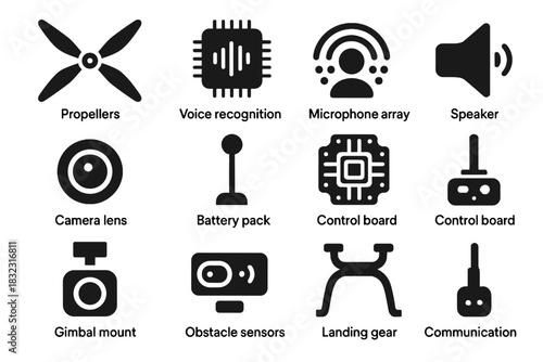 Icon camera components obstacle pack module board recognition drone battery lens vector