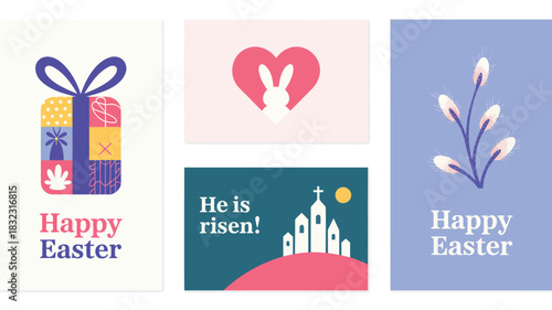 Set of four flat design illustrations celebrating happy easter with religious and festive symbols