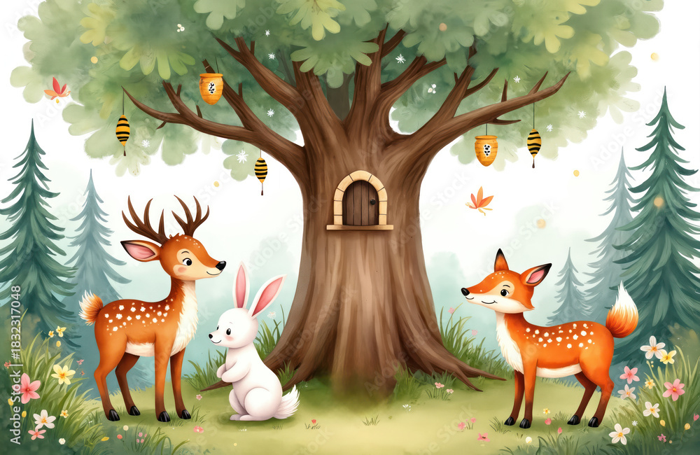 Fototapeta premium Cute deer, rabbit, and fox friends gather near a large tree with a tiny door and hanging beehives. Forest animals and nature elements blend in a charming watercolor style, perfect for children.
