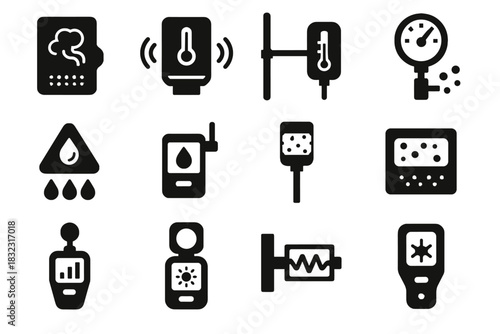 Industrial vibration corrosion icons gas biosensor chemical logger vector humidity matter level