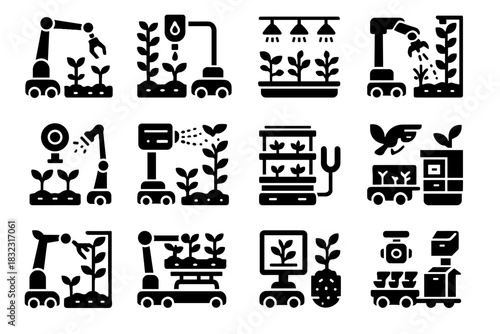 Farming seed vertical robot nutrient arm camera vector packaging hydroponic icon spray