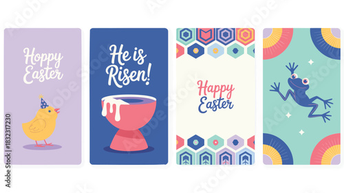 Set of four colorful easter greeting cards featuring a chick egg cup geometric patterns and a frog
