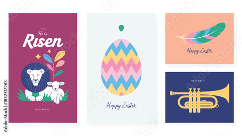 Collection of easter themed illustrations featuring religious symbols and festive elements