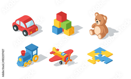 Colorful isometric toy collection featuring car, blocks, teddy bear, train, plane, and puzzle