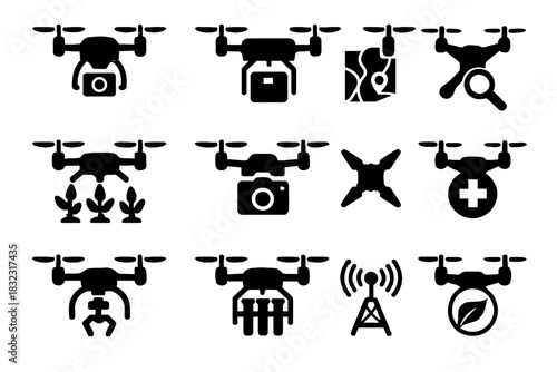 Drone diverse rescue inspection icon research industrial environmental agricultural vector icons photography