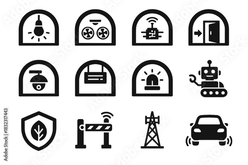 Vehicle icon vector sensors barriers structural nodes tunnel smart digital ventilation alarms