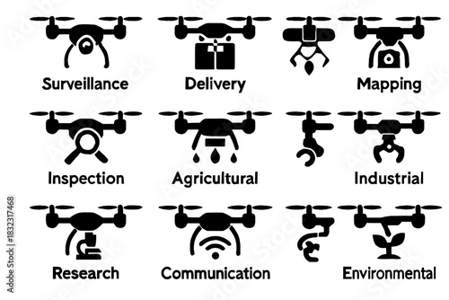 Vector delivery research surveillance environmental diverse inspection industrial drone icon agricultural icons