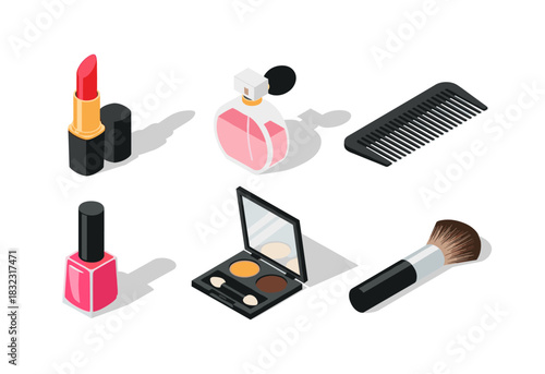 Isometric beauty essentials: lipstick, perfume, nail polish, and more