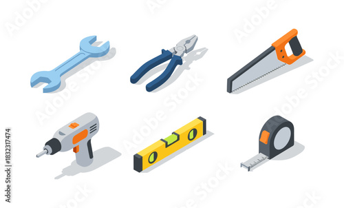 Isometric tool set featuring wrench, pliers, saw, drill, level, and tape measure