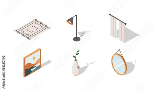 Modern isometric home decor icons featuring rug, lamp, curtains, art, vase, and mirror