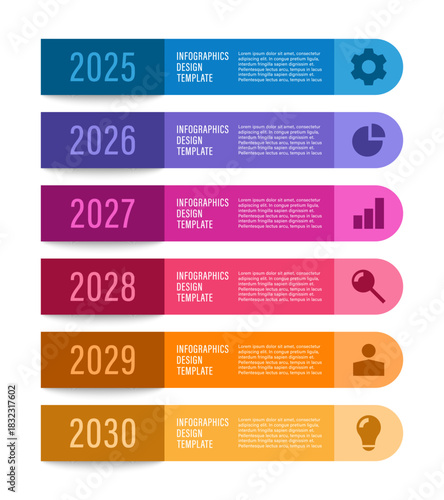 Color-coded yearly timeline infographic with rounded tabs and clean icon accents. A professional layout ideal for planning, scheduling, and long-term project visualization.