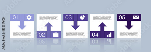 Five-step infographic with bold directional arrows and structured square layouts. A clean and professional design ideal for workflows, process visualization, and business presentations.