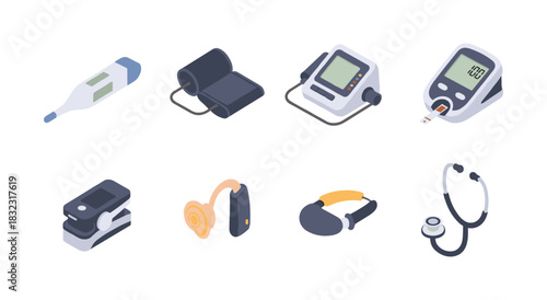 Isometric medical devices set with thermometer, blood pressure monitor, and stethoscope