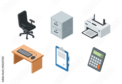 Office equipment isometric set with chair, desk, and gadgets