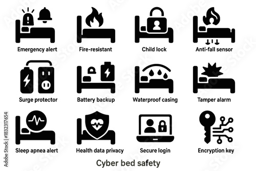 Vector icon battery casing sleep surge cyber safety alert bed data alarm